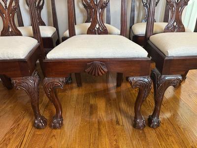 Carved Mahogany-Style Glass Top Dining Table with Six Chairs