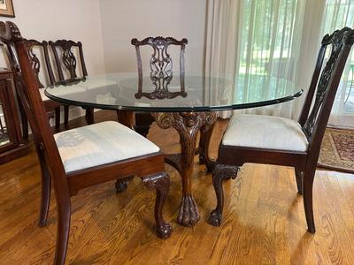 Carved Mahogany-Style Glass Top Dining Table with Six Chairs