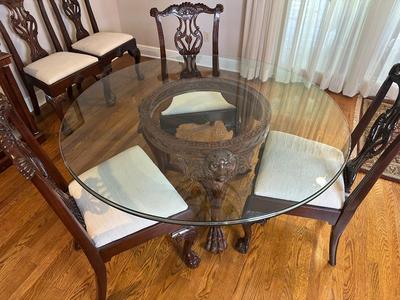 Carved Mahogany-Style Glass Top Dining Table with Six Chairs