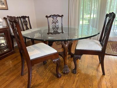 Carved Mahogany-Style Glass Top Dining Table with Six Chairs