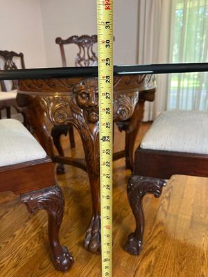 Carved Mahogany-Style Glass Top Dining Table with Six Chairs