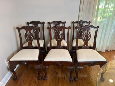 Carved Mahogany-Style Glass Top Dining Table with Six Chairs