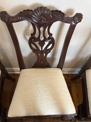 Carved Mahogany-Style Glass Top Dining Table with Six Chairs