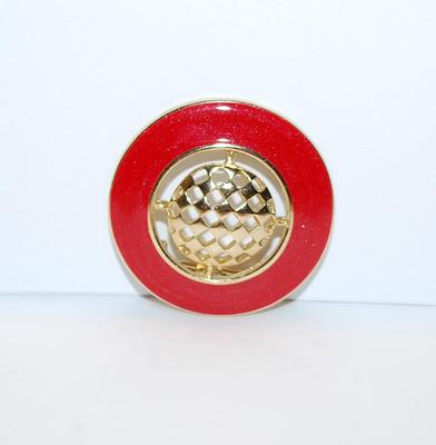 Bright RED CIRCLE BROOCH (1¾" Diam.) with Gold Colored Center "GRILL" and Gold Tone Setting