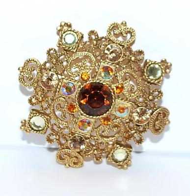 Beautiful Bejeweled AMBER STONE BROOCH (2" Diam.) with Cross and Filagree Style Deep Gold Tone Setting