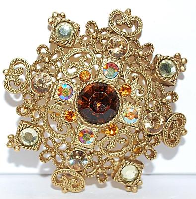 Beautiful Bejeweled AMBER STONE BROOCH (2" Diam.) with Cross and Filagree Style Deep Gold Tone Setting