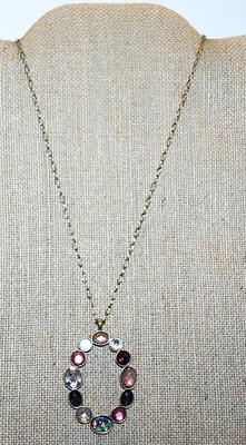 PINK & PURPLE PENDANT (2" x 1¼")/NECKLACE COMBO with Cupped Oval Stones on a Gold Tone Chain and Lobster Clasp 36" L