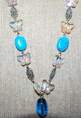Oval Blue Crackled "Jade" Stones NECKLACE with Clear Acrylic BUTTERFLY Accents & Flower Spacers on a Silver Tone Chain and...