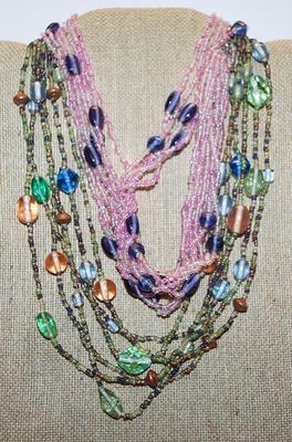 Collection of 2 Heavy Beaded NECKLACES Pink & Purple - 16" L & Pink, Green and Blue - 18" L ---Both with Lobster Clasps