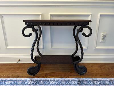 Scrolled Iron and Wood Accent Table