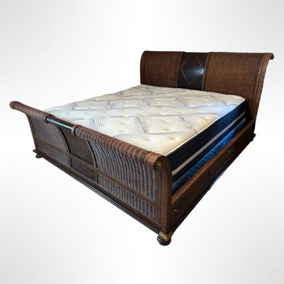Woven Rattan and Leather Sleigh Bed with Brass Accents