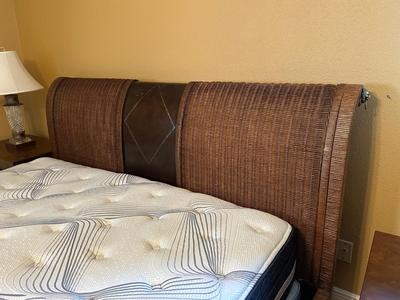 Woven Rattan and Leather Sleigh Bed with Brass Accents