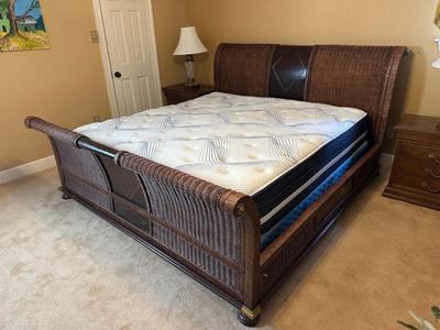 Woven Rattan and Leather Sleigh Bed with Brass Accents