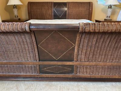 Woven Rattan and Leather Sleigh Bed with Brass Accents