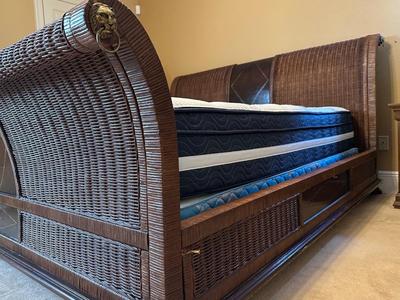 Woven Rattan and Leather Sleigh Bed with Brass Accents