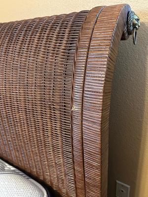 Woven Rattan and Leather Sleigh Bed with Brass Accents