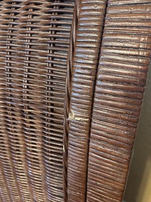 Woven Rattan and Leather Sleigh Bed with Brass Accents