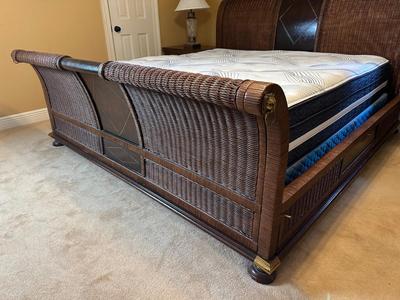 Woven Rattan and Leather Sleigh Bed with Brass Accents