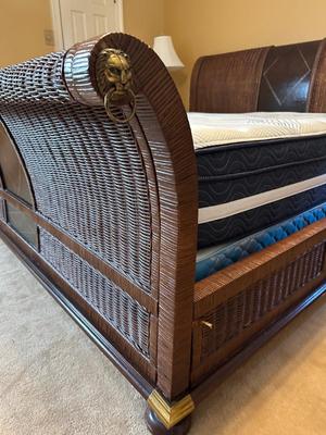 Woven Rattan and Leather Sleigh Bed with Brass Accents