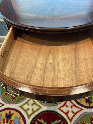 Lane Round Accent Table with Drawer and Inlaid Top
