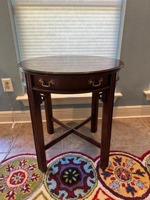 Lane Round Accent Table with Drawer and Inlaid Top