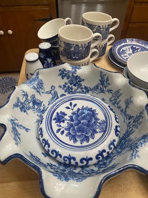 Assorted Lot of Blue Willow China & Wall Hangers