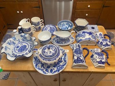 Assorted Lot of Blue Willow China & Wall Hangers
