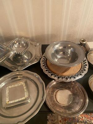 Large Lot of Silverplate/ Pewter/ Aluminum Serveware