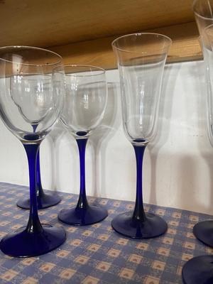 Lot of Blue Stemware. 4 Marked “France”