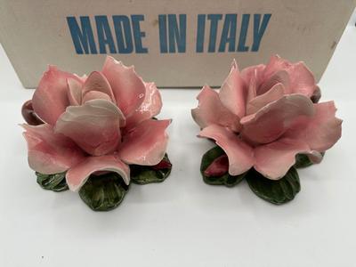 Set of 4 Capodimonte Pink Flower Candle Holders