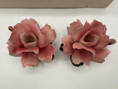 Set of 4 Capodimonte Pink Flower Candle Holders