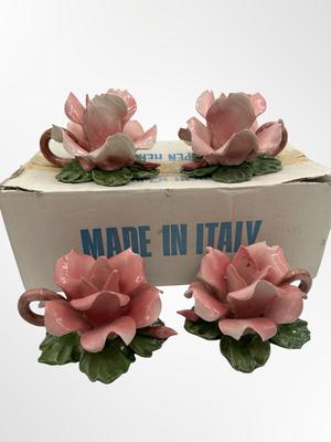 Set of 4 Capodimonte Pink Flower Candle Holders