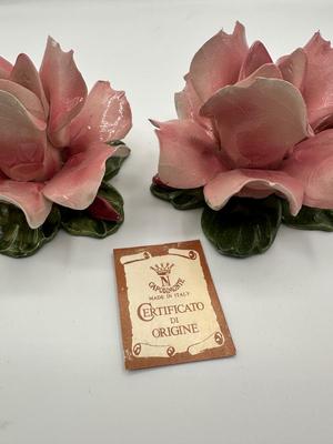 Set of 4 Capodimonte Pink Flower Candle Holders