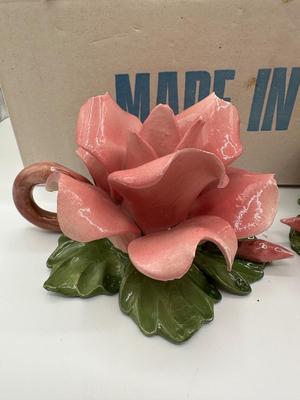 Set of 4 Capodimonte Pink Flower Candle Holders