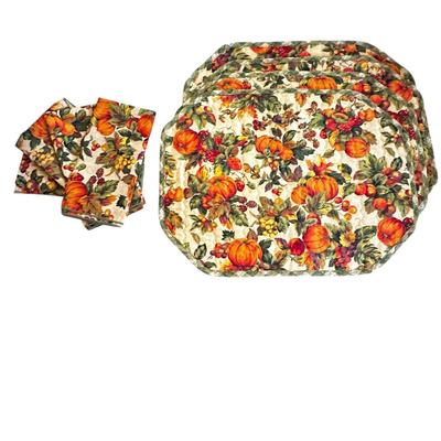 Sale Photo Thumbnail #25: Thanksgiving / Autumn Table Decor
 Table Runners 68" (thick and gold sparkly) and 80" (cotton)
8 brown floral cloth napkins
Set of 4 matching fabric tablecloths and napkins
Gather kitchen mitt