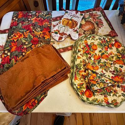 Sale Photo Thumbnail #23: Thanksgiving / Autumn Table Decor
 Table Runners 68" (thick and gold sparkly) and 80" (cotton)
8 brown floral cloth napkins
Set of 4 matching fabric tablecloths and napkins
Gather kitchen mitt