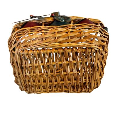 Sale Photo Thumbnail #32: Straw Basket with Metal Handle & Leaves 12" long x 14" tall- great shape +Kitchen Towel