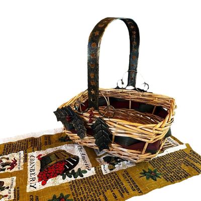 Sale Photo Thumbnail #39: Straw Basket with Metal Handle & Leaves 12" long x 14" tall- great shape +Kitchen Towel