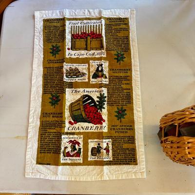 Sale Photo Thumbnail #31: Straw Basket with Metal Handle & Leaves 12" long x 14" tall- great shape +Kitchen Towel