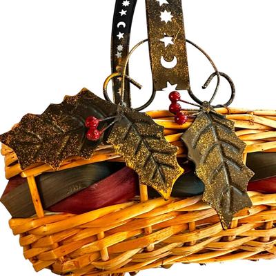 Sale Photo Thumbnail #33: Straw Basket with Metal Handle & Leaves 12" long x 14" tall- great shape +Kitchen Towel