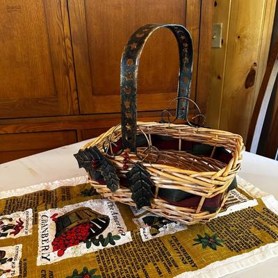 Sale Photo Thumbnail #30: Straw Basket with Metal Handle & Leaves 12" long x 14" tall- great shape +Kitchen Towel