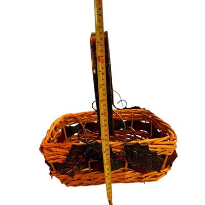 Sale Photo Thumbnail #36: Straw Basket with Metal Handle & Leaves 12" long x 14" tall- great shape +Kitchen Towel
