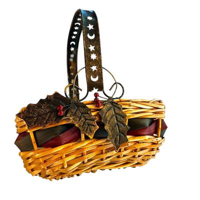 Sale Photo Thumbnail #37: Straw Basket with Metal Handle & Leaves 12" long x 14" tall- great shape +Kitchen Towel