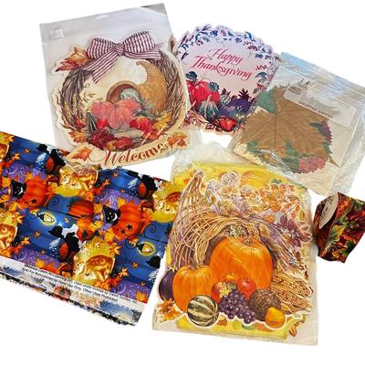 Sale Photo Thumbnail #41: Lot Thanksgiving / Fall Items - Paper Decorations, Fabric (approx. 2'x3'), Ribbon