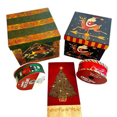 Sale Photo Thumbnail #115: Holiday Lot - 2 Rolls of New Ribbon, 2 Stacking Boxes, and Napkins