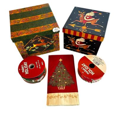 Sale Photo Thumbnail #111: Holiday Lot - 2 Rolls of New Ribbon, 2 Stacking Boxes, and Napkins