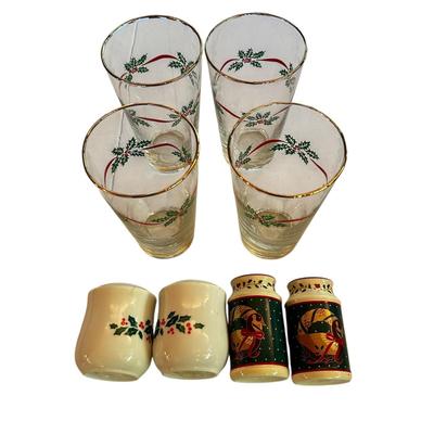 Christmas/Holiday 4 Glasses and 2 Sets of Salt and Pepper Shakers