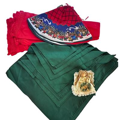 Christmas Lot- Red 5' Tablecloth, Angel Ornament, Sm. Tree Skirt & 9 Hunter Green Cloth Napkins