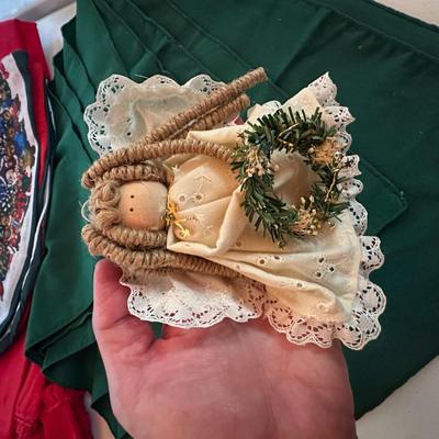 Christmas Lot- Red 5' Tablecloth, Angel Ornament, Sm. Tree Skirt & 9 Hunter Green Cloth Napkins