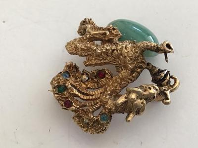 Rare Signed Oleg Cassini Dated Jade Rhinestone Dragon Brooch 1964